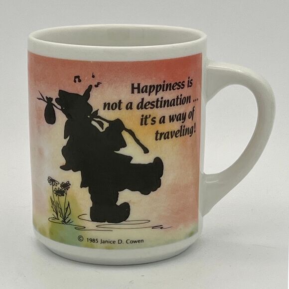 Vintage 1985 Abbey Press "Happiness is a Way of Traveling" Mug Janice D. Cowen - Picture 1 of 3